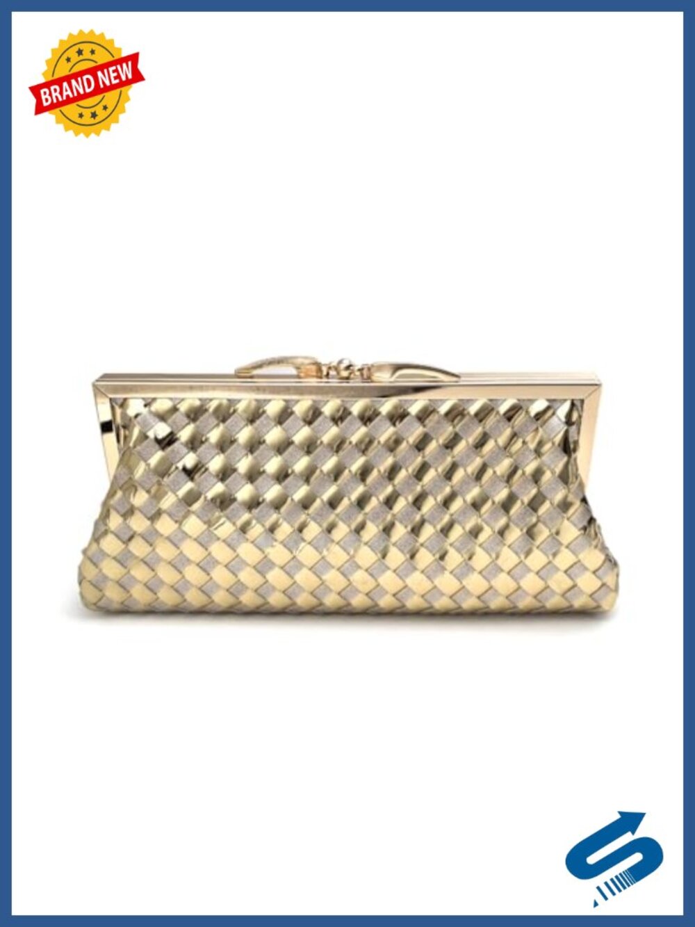 Woven Microfiber Leather Evening Clutch with Gold-Plated Frame and Detachable